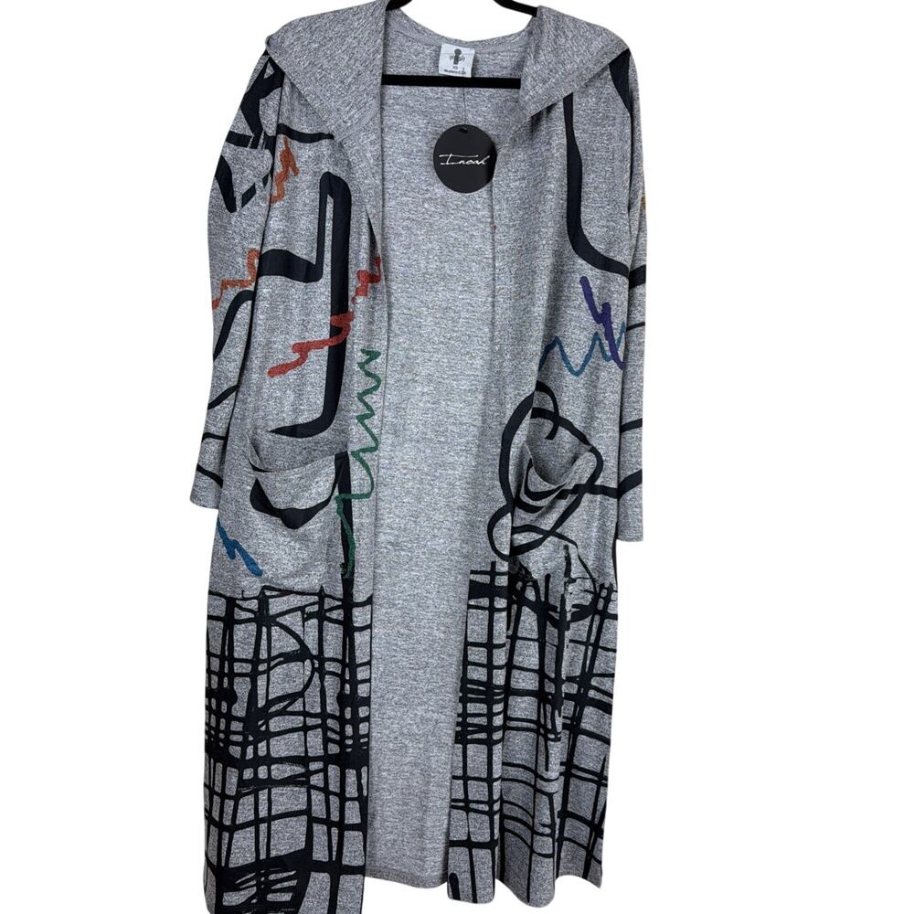 NWT Inoah Gray Multicolor Geometric Art To Wear Hooded Duster Cardigan Size XS